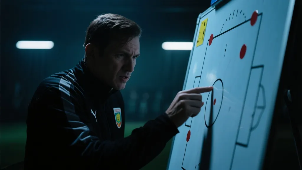 紧张的足球教练在战术板前,戏剧性的灯光氛围