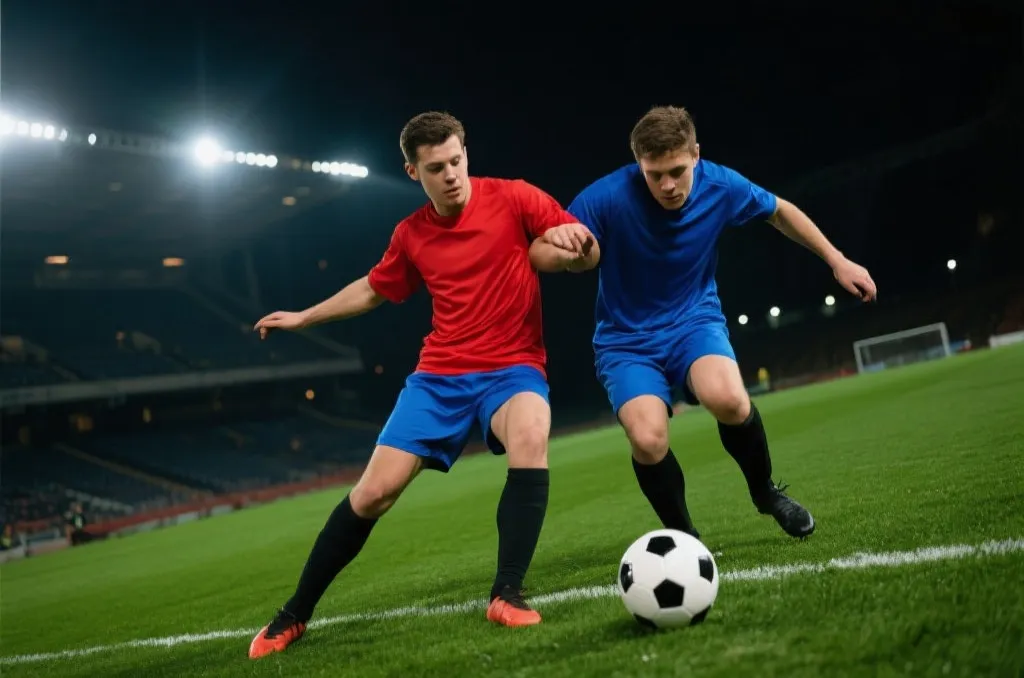 Two soccer players in red and blue generic jerseys competing for the ball on a green pitch